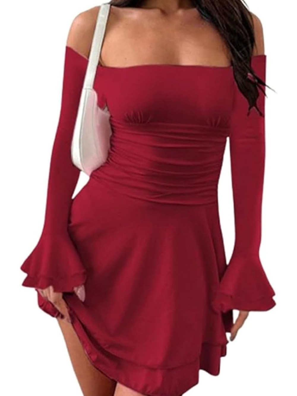 Amazon Off-Shoulder Burgundy Red Ruffled Sleeve Dress
